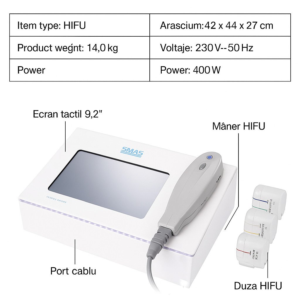 Aparat HIFU Ultrasunete, Tratament Facial, Energie Concentrata, pentru lifting facial, tratarea ridurilor si cicatricilor postacneice cu 3 cartuse de 1.5 mm, 3.00 mm si 4.5 mm - foto 4