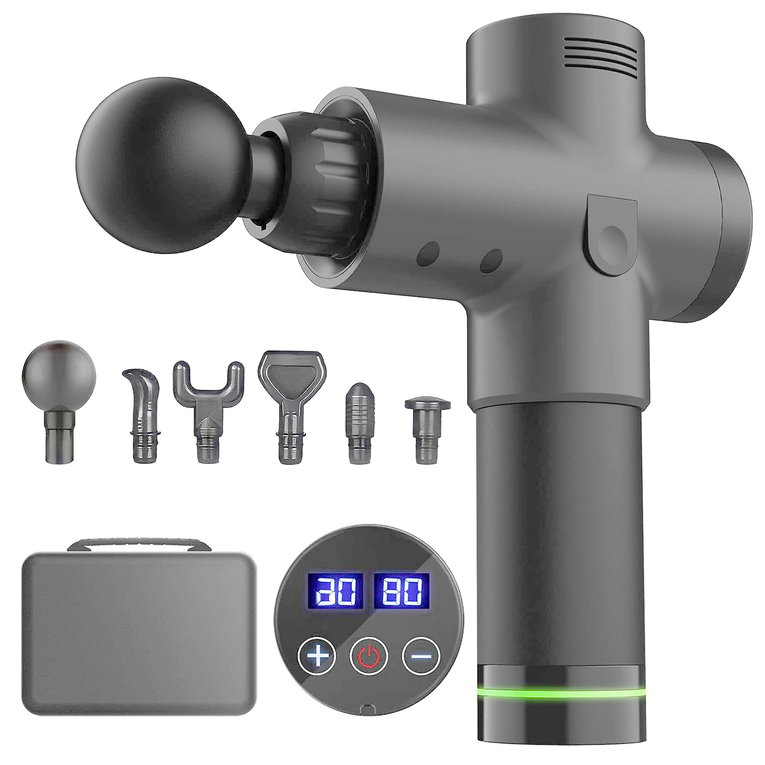 Aparat pentru masaj profesional tip pistol 4800 rotatii, 20 viteze, Silentios, Ecran Touch, Sistem racire, baterie reincarcabila 2500mAh, 6 capete, Geanta Depozitare, Negru – GRI – Versiunea PRO - foto 2