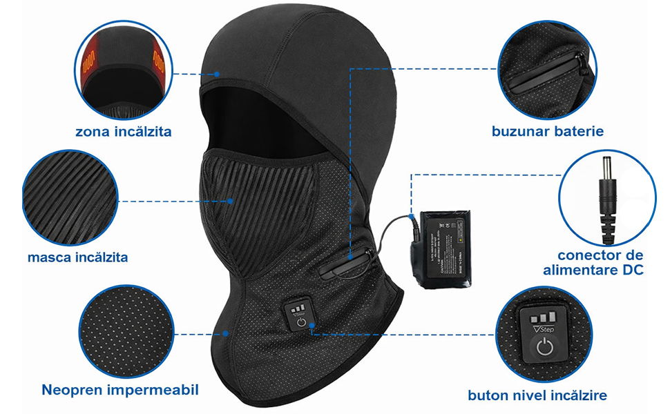 Cagula incalzita cu baterie, masca de schi cu incalzire, control prin aplicatie pentru barbati si femei, rezistenta la vant pentru motociclete, vanatoare si ciclism, neagra - foto 3