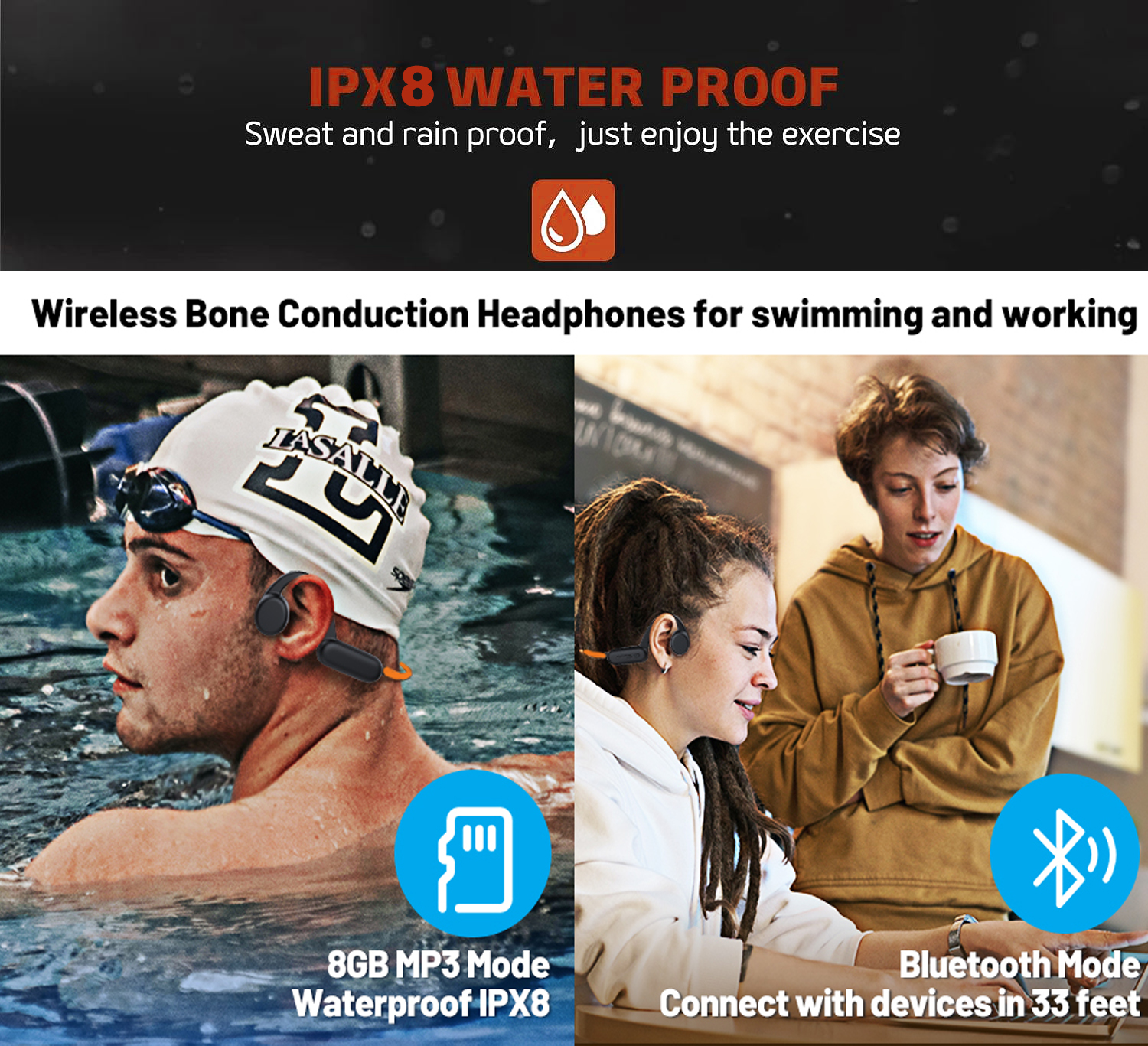 Casti sport wireless BonePhones cu conductie osoasa prin vibratii, Bluetooth 5.3 cu microfon incorporat, memorie interna 8Gb, IPX8 impermeabil pentru inot, alergare, ciclism, Portocali - foto 10