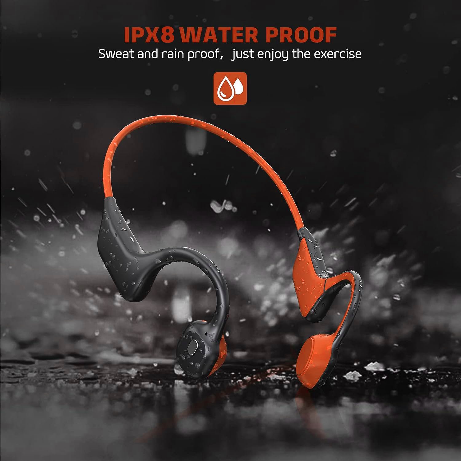 Casti sport wireless BonePhones cu conductie osoasa prin vibratii, Bluetooth 5.3 cu microfon incorporat, memorie interna 8Gb, IPX8 impermeabil pentru inot, alergare, ciclism, Portocali - foto 2