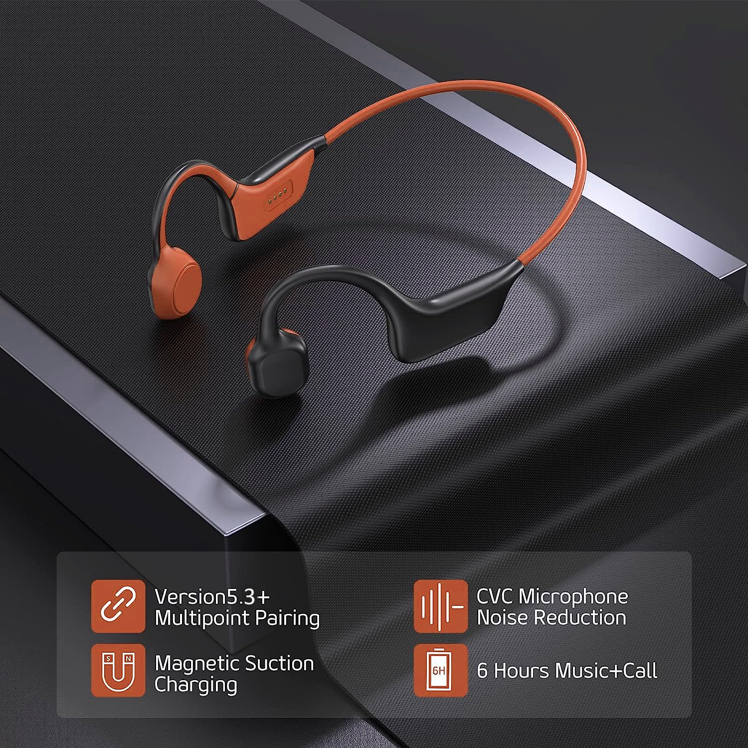 Casti sport wireless BonePhones cu conductie osoasa prin vibratii, Bluetooth 5.3 cu microfon incorporat, memorie interna 8Gb, IPX8 impermeabil pentru inot, alergare, ciclism, Portocali - foto 3