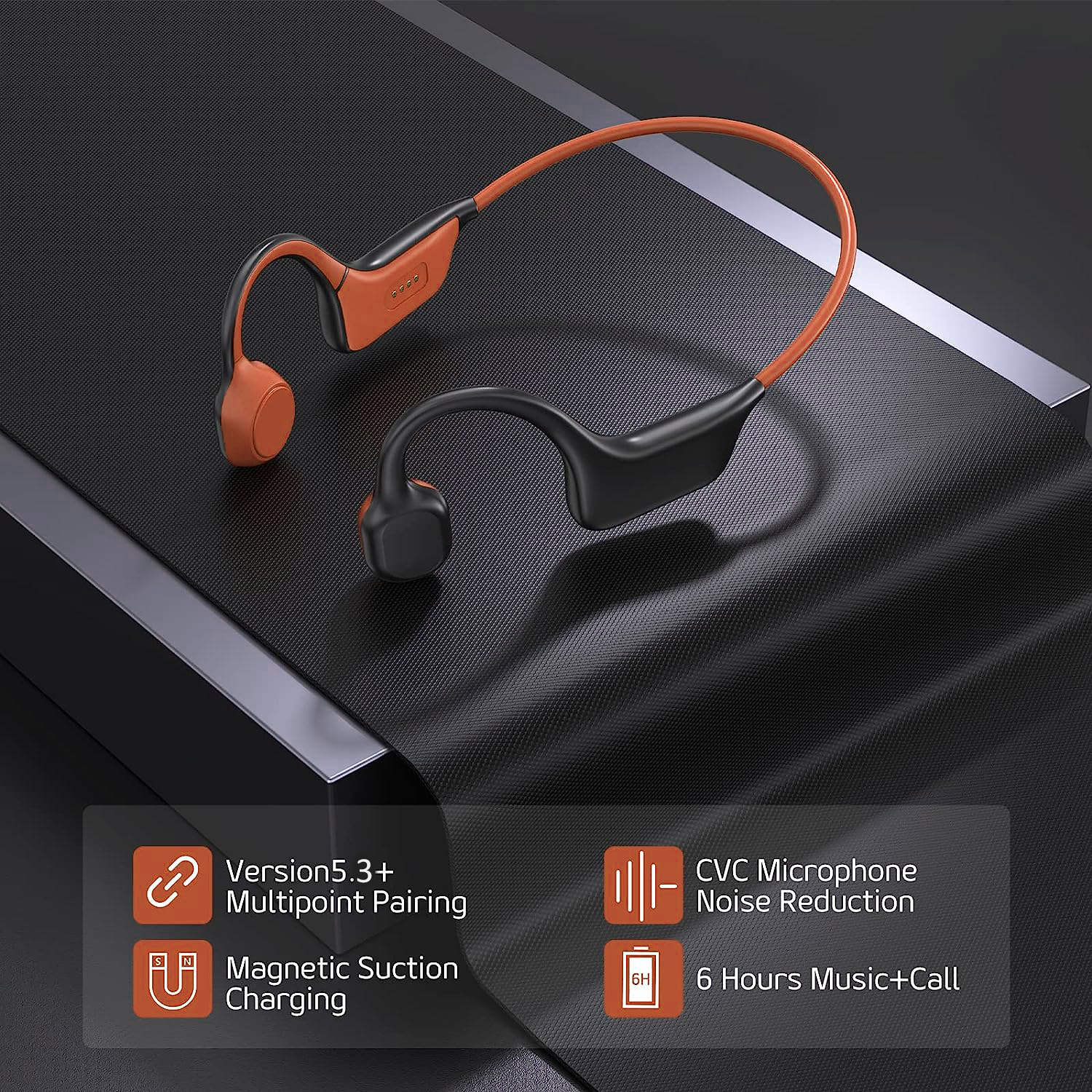 Casti sport wireless BonePhones cu conductie osoasa prin vibratii, Bluetooth 5.3 cu microfon incorporat, memorie interna 8Gb, IPX8 impermeabil pentru inot, alergare, ciclism, Portocali - foto 7
