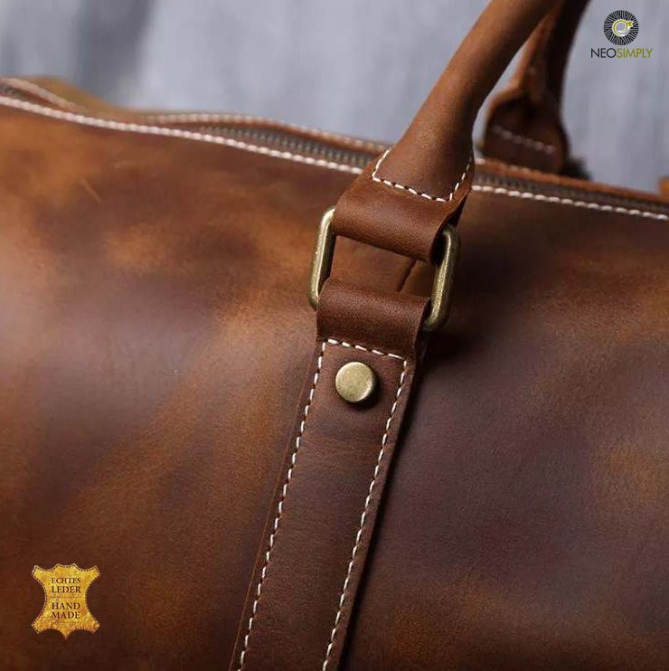 Geanta din Piele Naturala 100% Cowhide Neonaturals, Crazy Horse Handmade Duffle Bag, pentru sala, travel, office, cu catarame de alama – Culoare Maro - foto 2