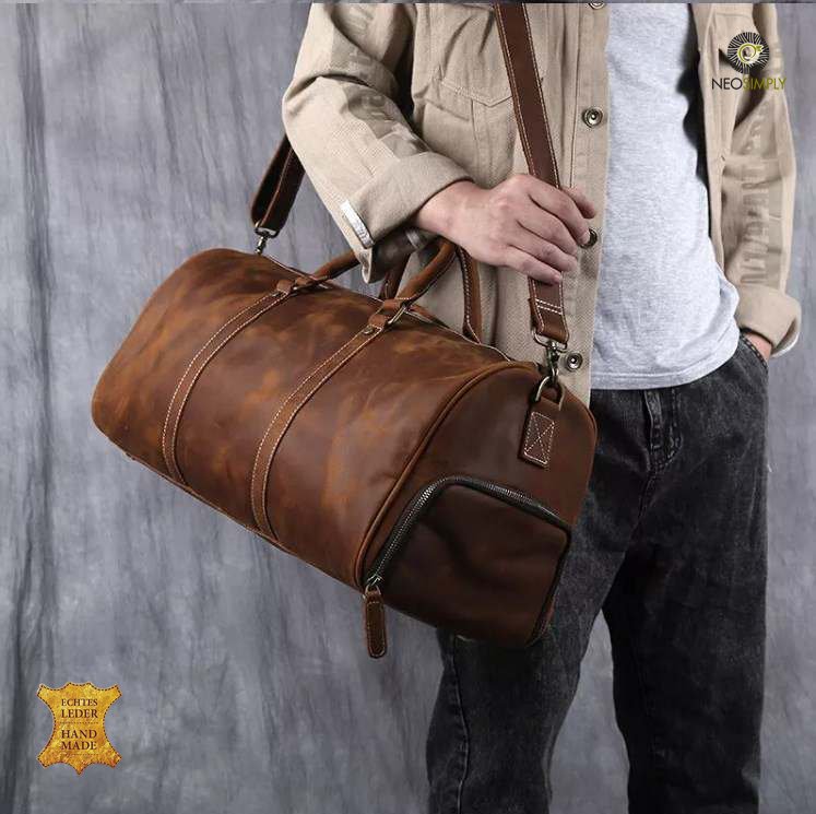 Geanta din Piele Naturala 100% Cowhide Neonaturals, Crazy Horse Handmade Duffle Bag, pentru sala, travel, office, cu catarame de alama – Culoare Maro - foto 5