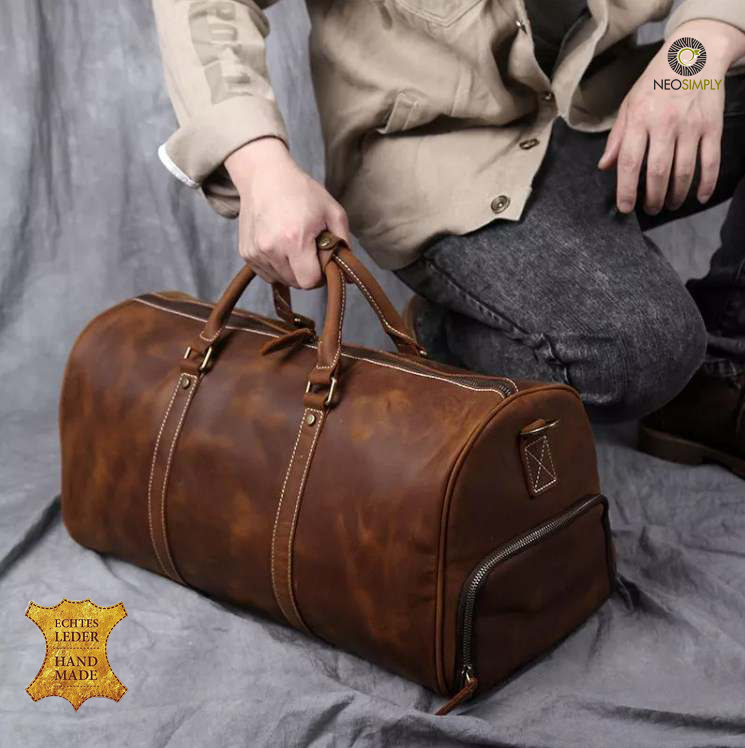 Geanta din Piele Naturala 100% Cowhide Neonaturals, Crazy Horse Handmade Duffle Bag, pentru sala, travel, office, cu catarame de alama – Culoare Maro - foto 7