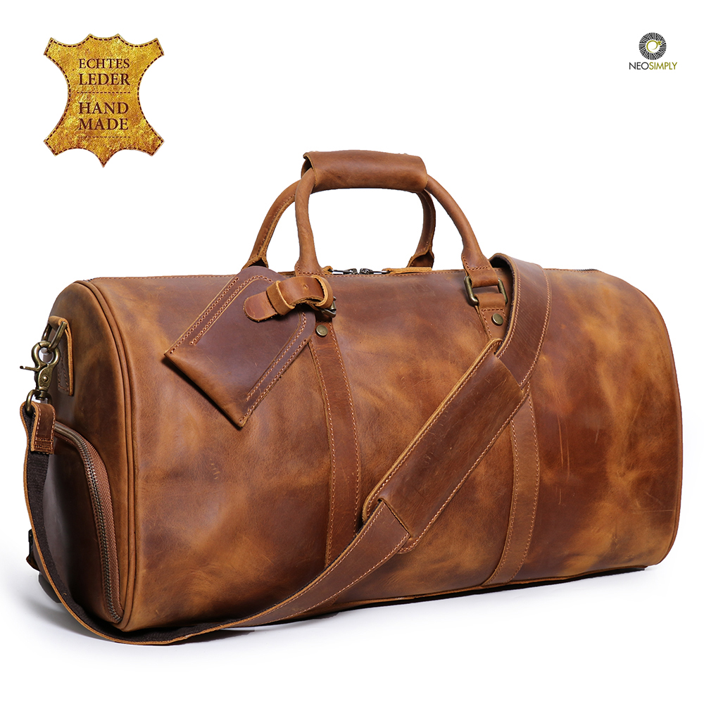 Geanta din Piele Naturala 100% Cowhide Neonaturals, Crazy Horse Handmade Duffle Bag, pentru sala, travel, office, cu catarame de alama – Culoare Maro - foto 8