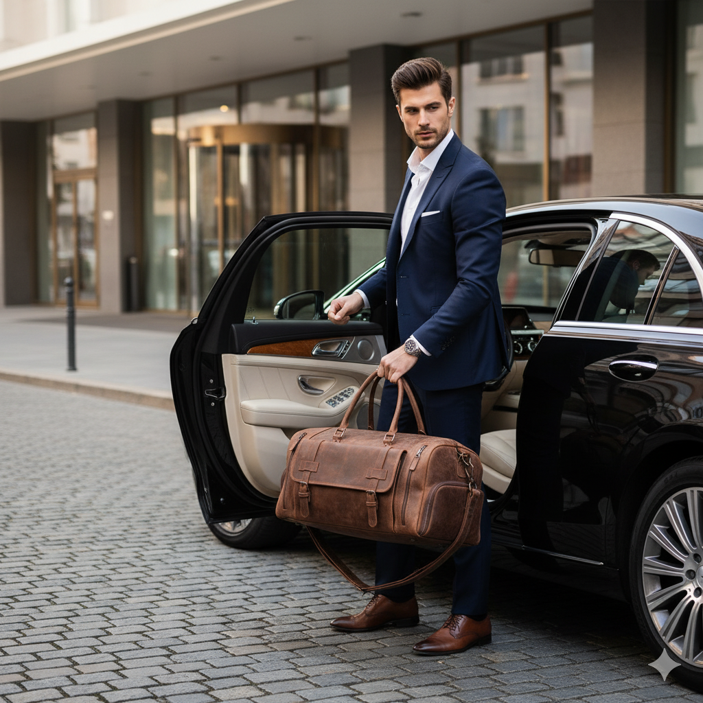 Geanta din Piele Naturala 100%, Handmade Duffle Bag, pentru sala, travel, office, cu catarame de alama – Culoare Maro - foto 2