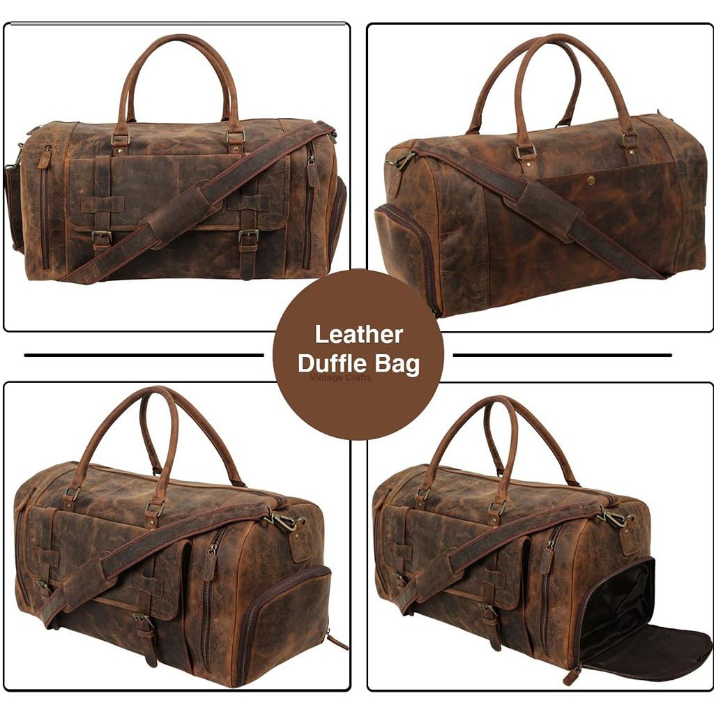 Geanta din Piele Naturala 100%, Handmade Duffle Bag, pentru sala, travel, office, cu catarame de alama – Culoare Maro - foto 3