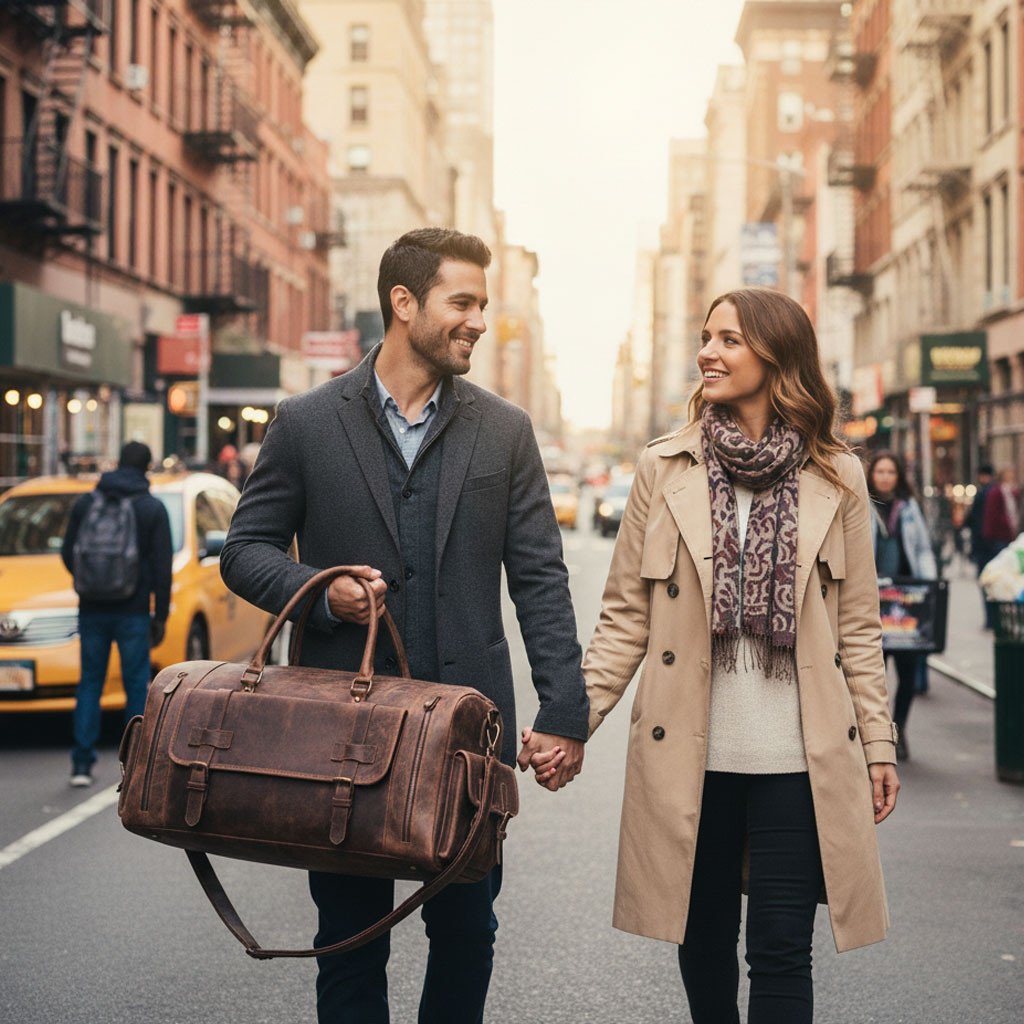 Geanta din Piele Naturala 100%, Handmade Duffle Bag, pentru sala, travel, office, cu catarame de alama – Culoare Maro - foto 4