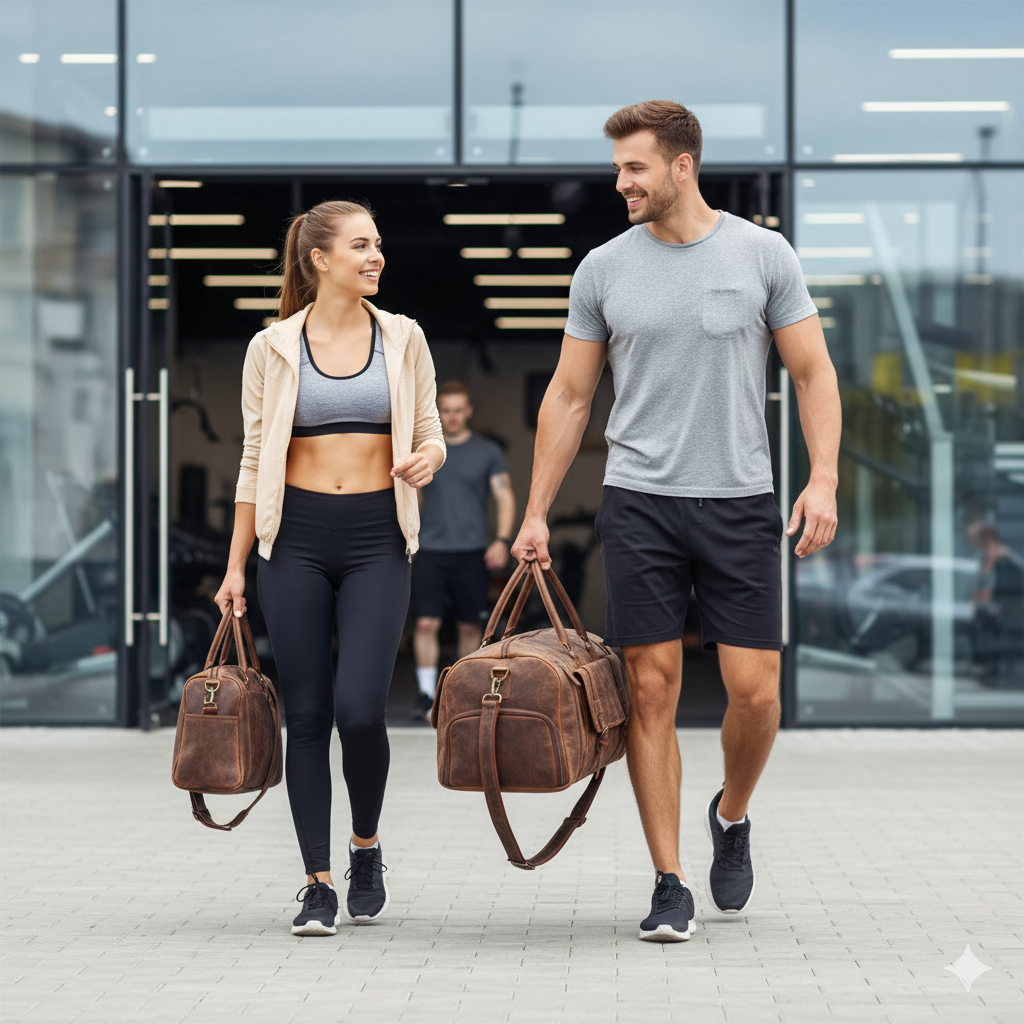 Geanta din Piele Naturala 100%, Handmade Duffle Bag, pentru sala, travel, office, cu catarame de alama – Culoare Maro - foto 5
