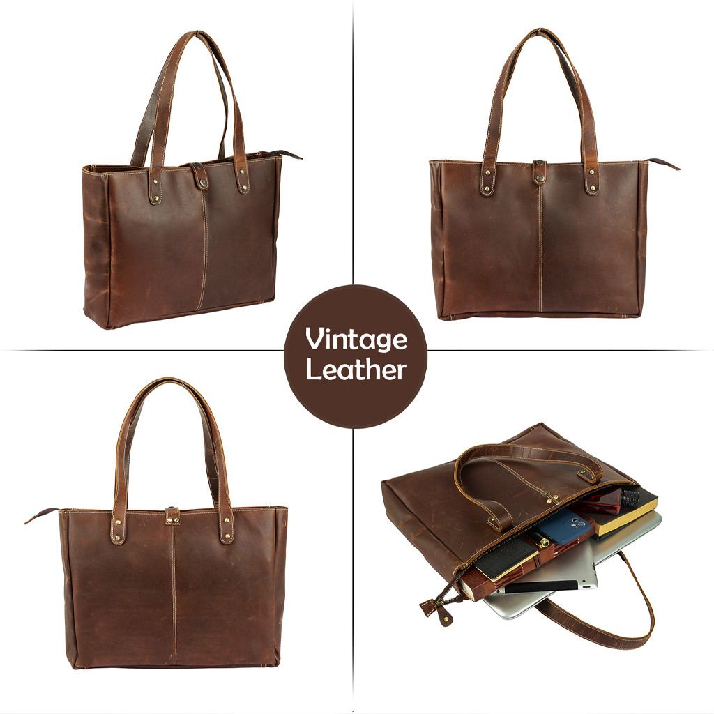 Geanta din Piele Naturala, Crazy Horse, Maro Vintage, 40x31x10cm - foto 5