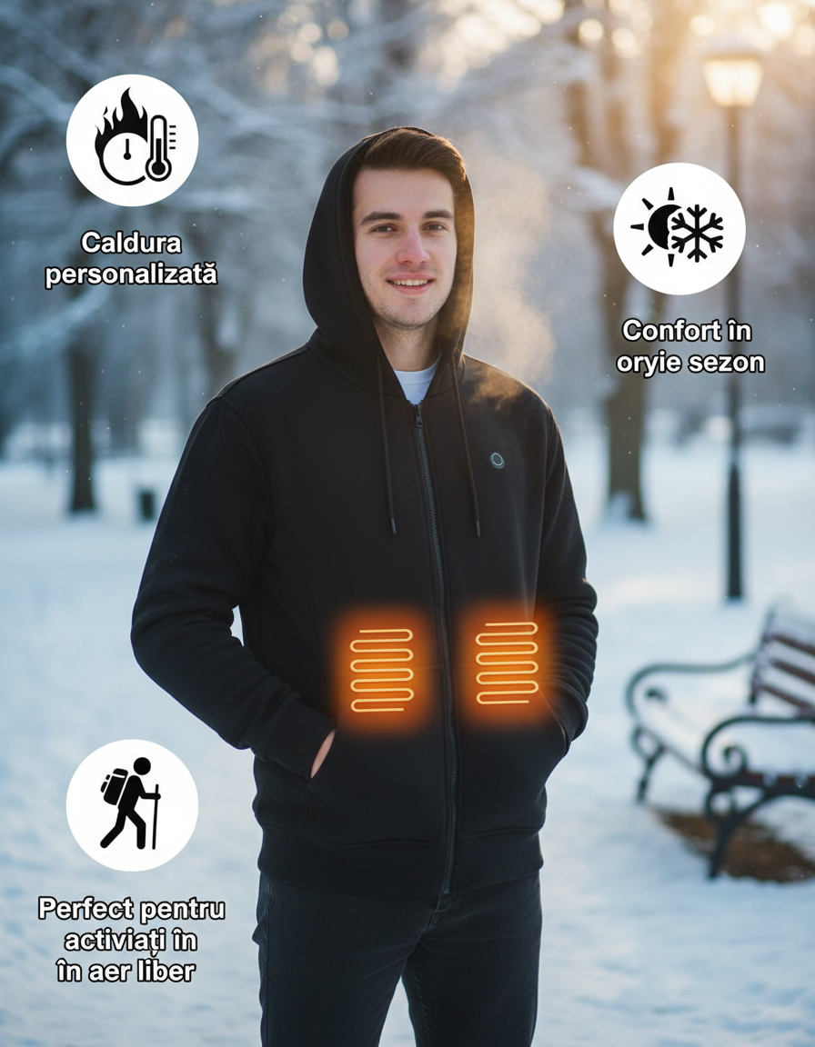 Hanorac cu Incalzire Unisex Jacheta Incalzita cu Fermoar, Haina cu gluga termica, Power Bank 10000 mAh, XS - foto 3