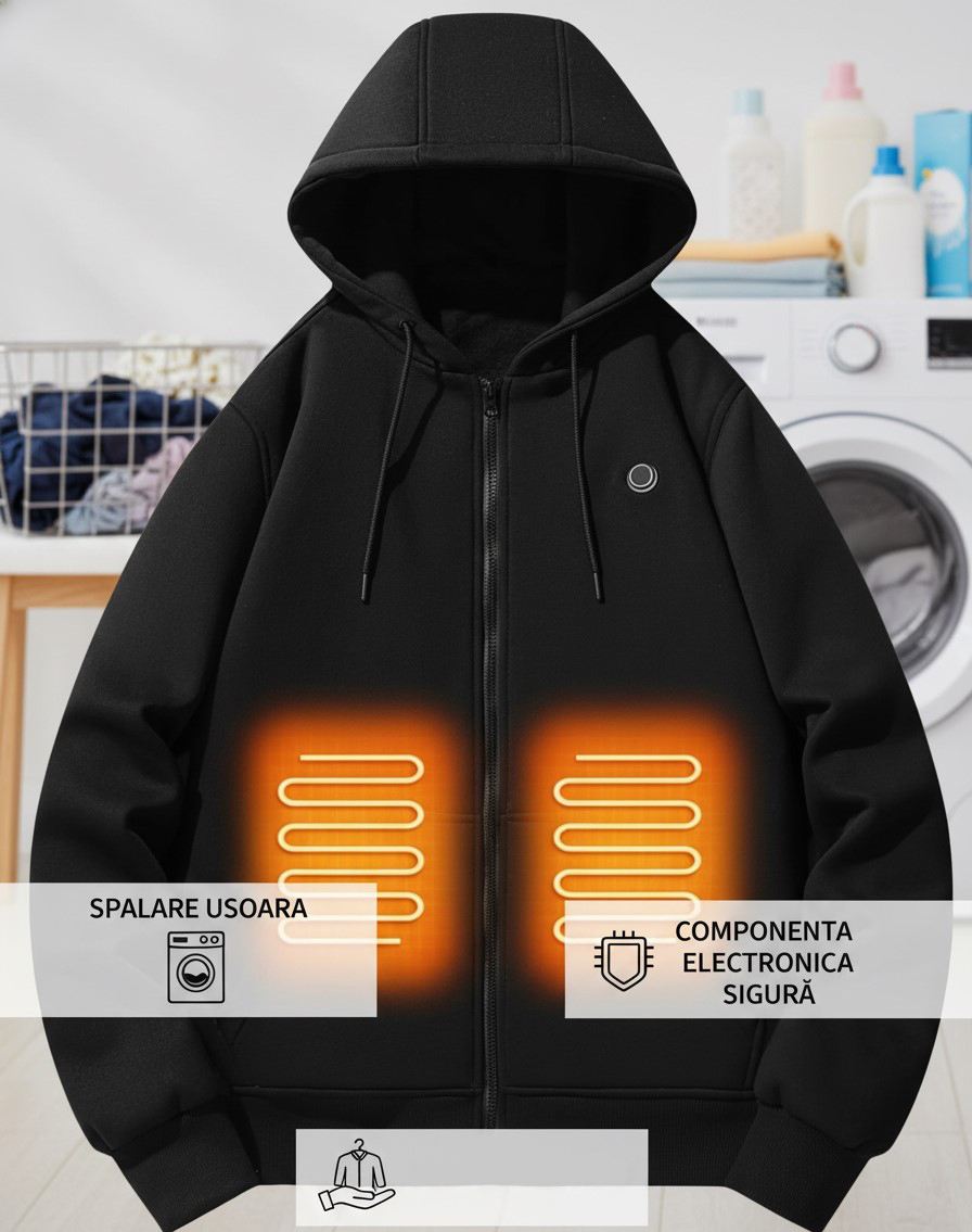Hanorac cu Incalzire Unisex Jacheta Incalzita cu Fermoar, Haina cu gluga termica, Power Bank 10000 mAh, XS - foto 4