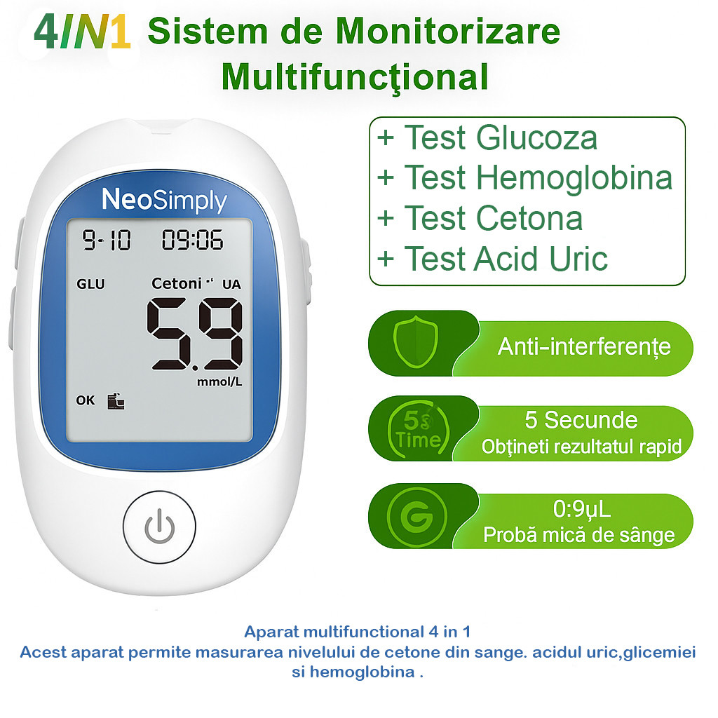 Kit glucometru 4 in 1, monitorizarea cetonelor din sange, glicemiei, hemoglobiei si a acidului uric, ideal pentru sustinerea dietei Keto - foto 5