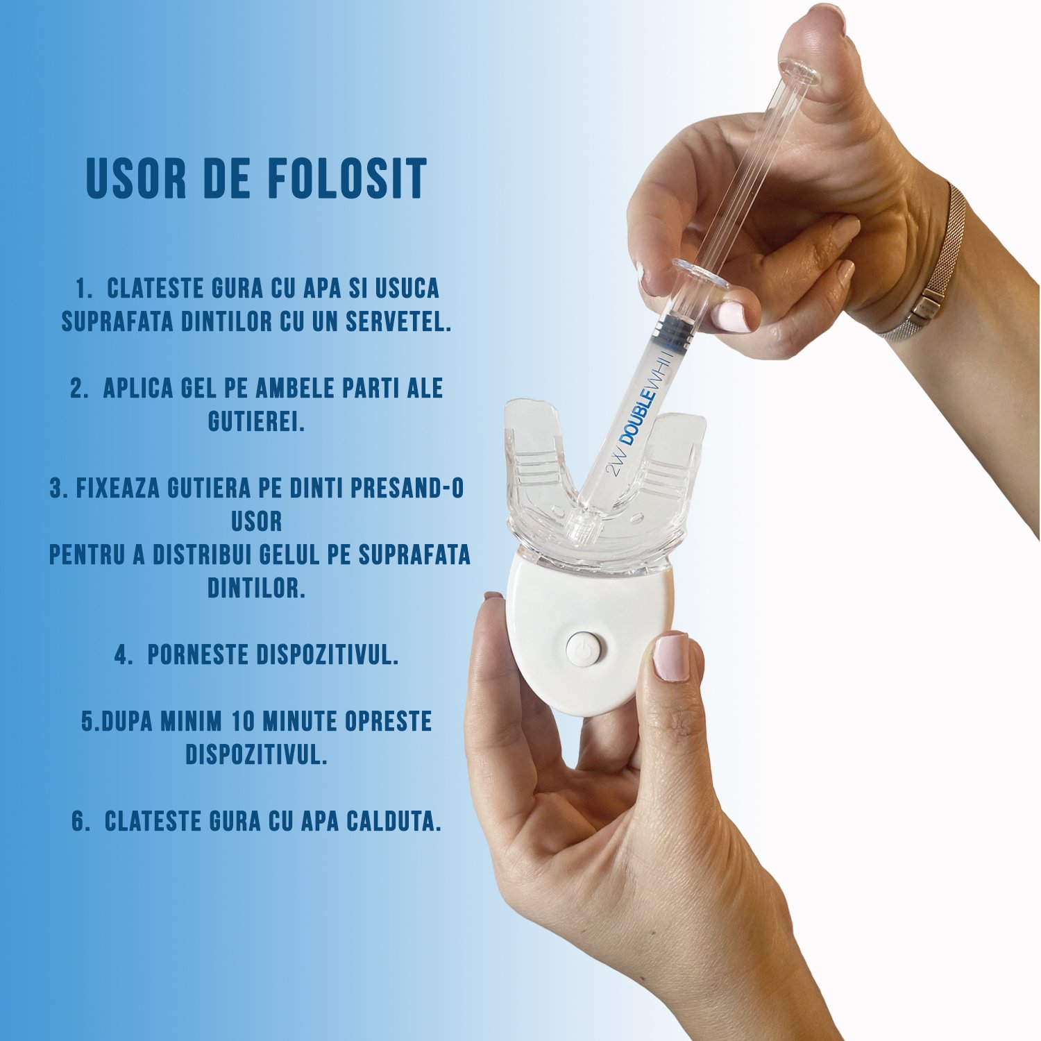 Kit pentru albirea dintilor, Aparat cu 5xLED, Gel de albire fara peroxid (3 seringi de 3ml), Gutiera - foto 4