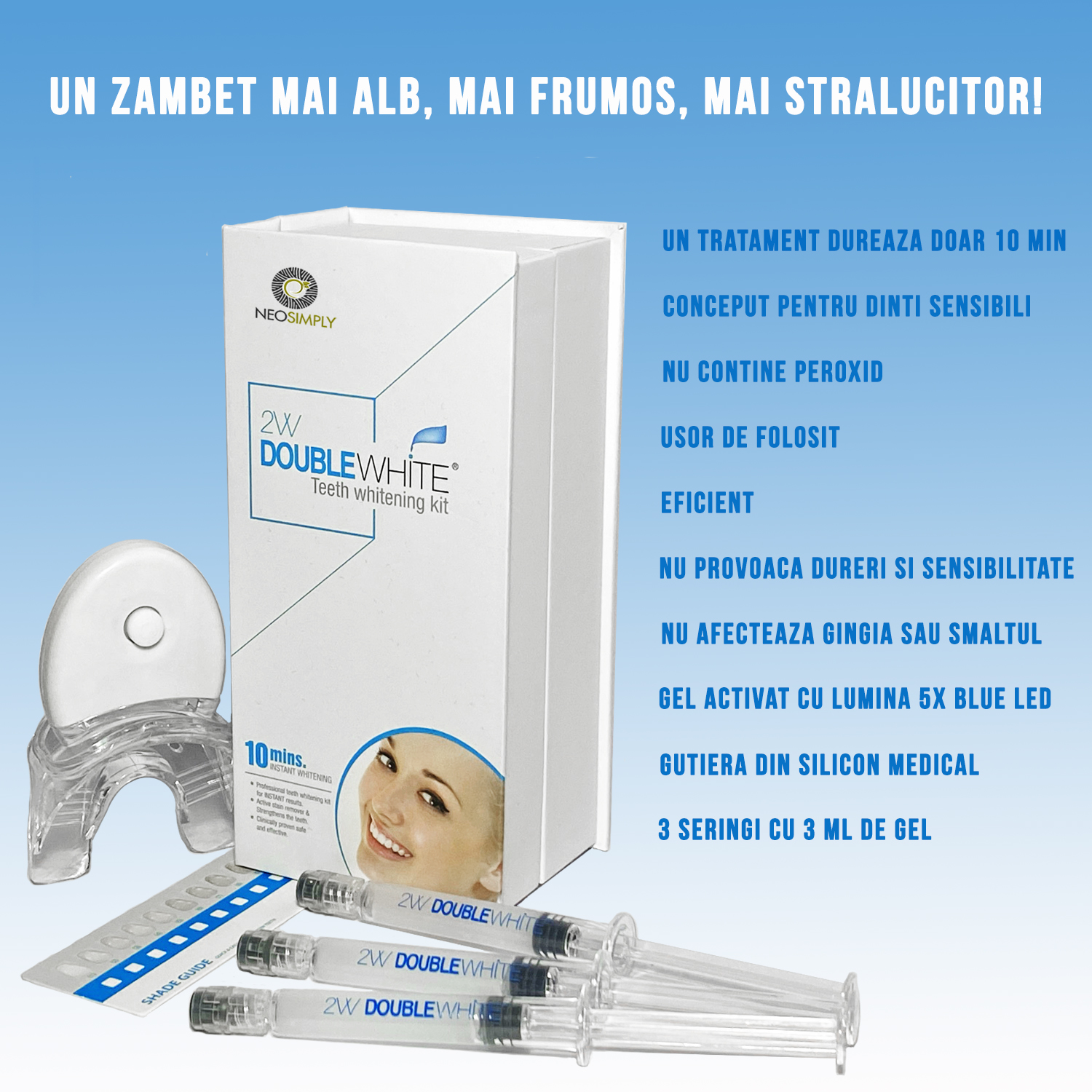 Kit pentru albirea dintilor, Aparat cu 5xLED, Gel de albire fara peroxid (3 seringi de 3ml), Gutiera - foto 7