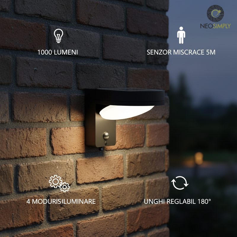 Lampa Solara Aplica LED Exterior 1000LM cu Senzor Miscare PIR, 4 Moduri Iluminare, Unghi Reglabil 180°, Panou Solar, Lumina Naturala 4000K, IP44 – Iluminat Curte, Terasa, Fatada, Gradina - foto 4