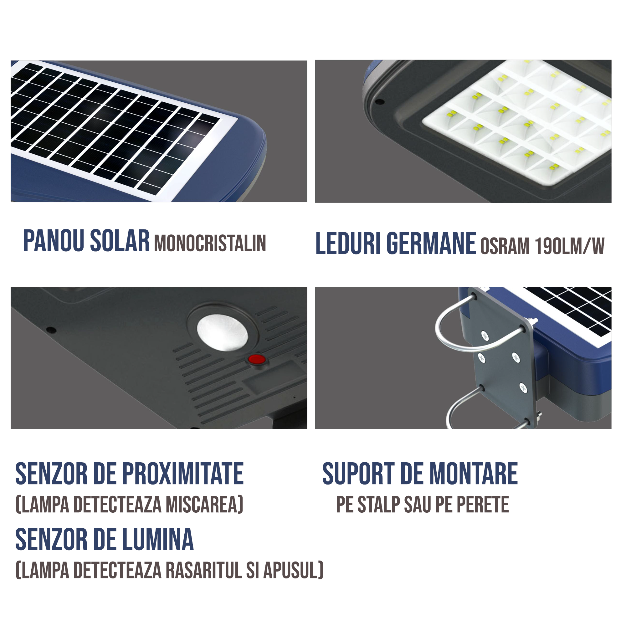 Lampa Solara LED De Exterior Pentru Curte si Strada, 2000 Lumeni, 60 LED-uri OSRAM, 4 Moduri Smart De Iluminare, Telecomanda – Albastru Gri - foto 10