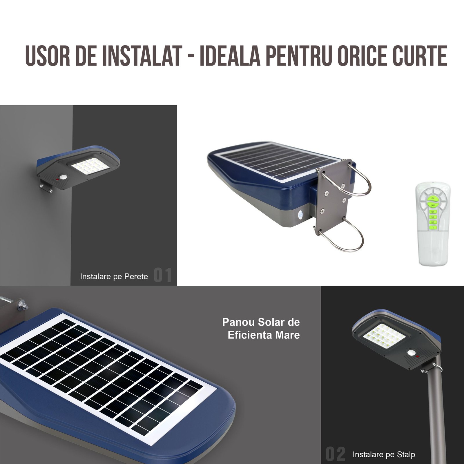 Lampa Solara LED De Exterior Pentru Curte si Strada, 2000 Lumeni, 60 LED-uri OSRAM, 4 Moduri Smart De Iluminare, Telecomanda – Albastru Gri - foto 5
