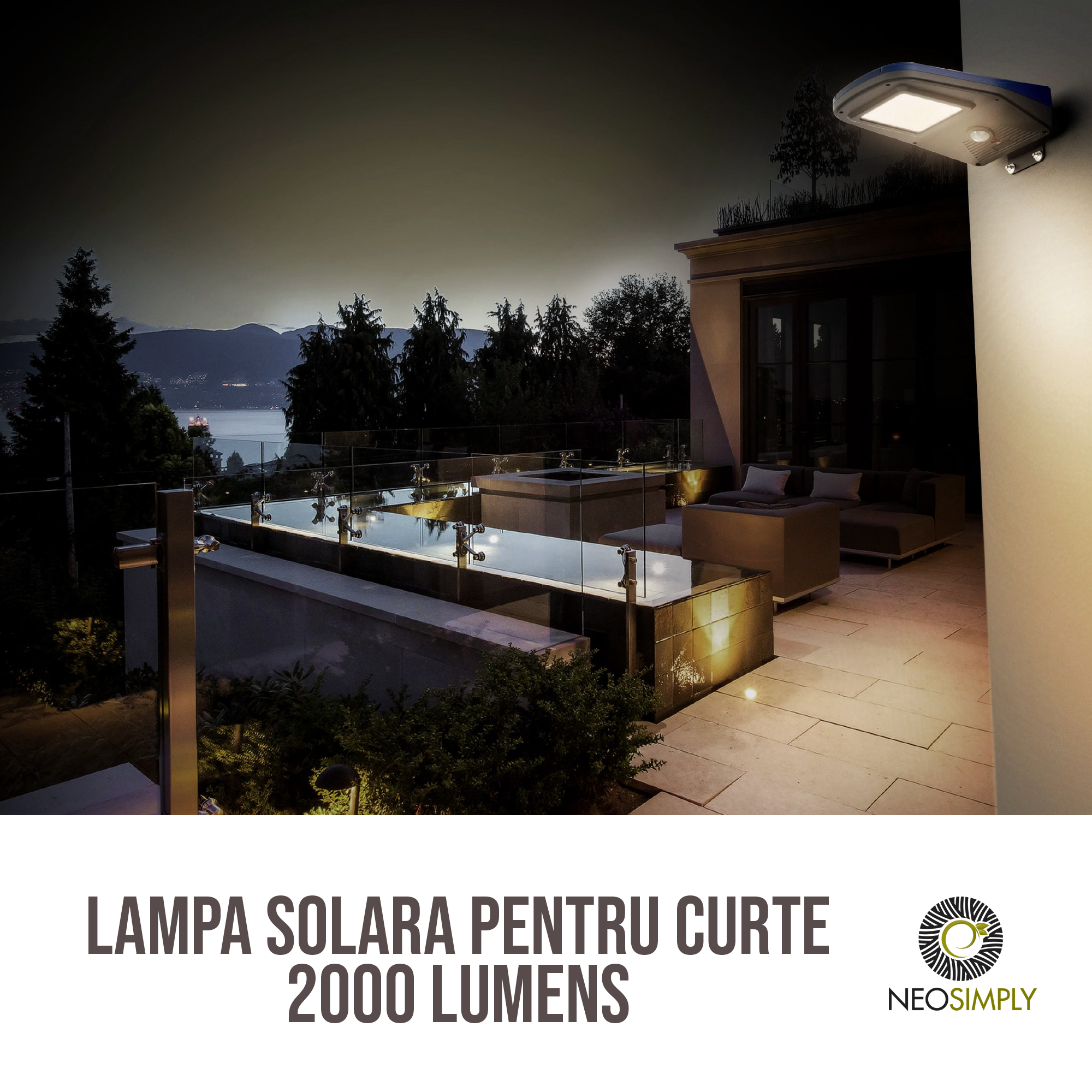 Lampa Solara LED De Exterior Pentru Curte si Strada, 2000 Lumeni, 60 LED-uri OSRAM, 4 Moduri Smart De Iluminare, Telecomanda – Albastru Gri - foto 6