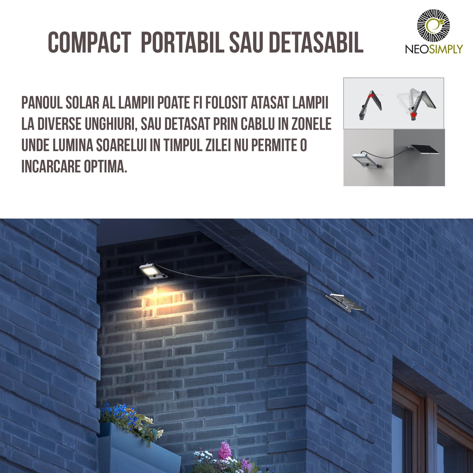 Lampa Solara LED Portabila de Exterior, Camping, 1000 lumeni, 21 OSRAM LEDs, 4 Moduri de utilizare, cu senzor de proximitate si panou solar detasabil prin cablu de 4 Metri – Gri Antracit - foto 3