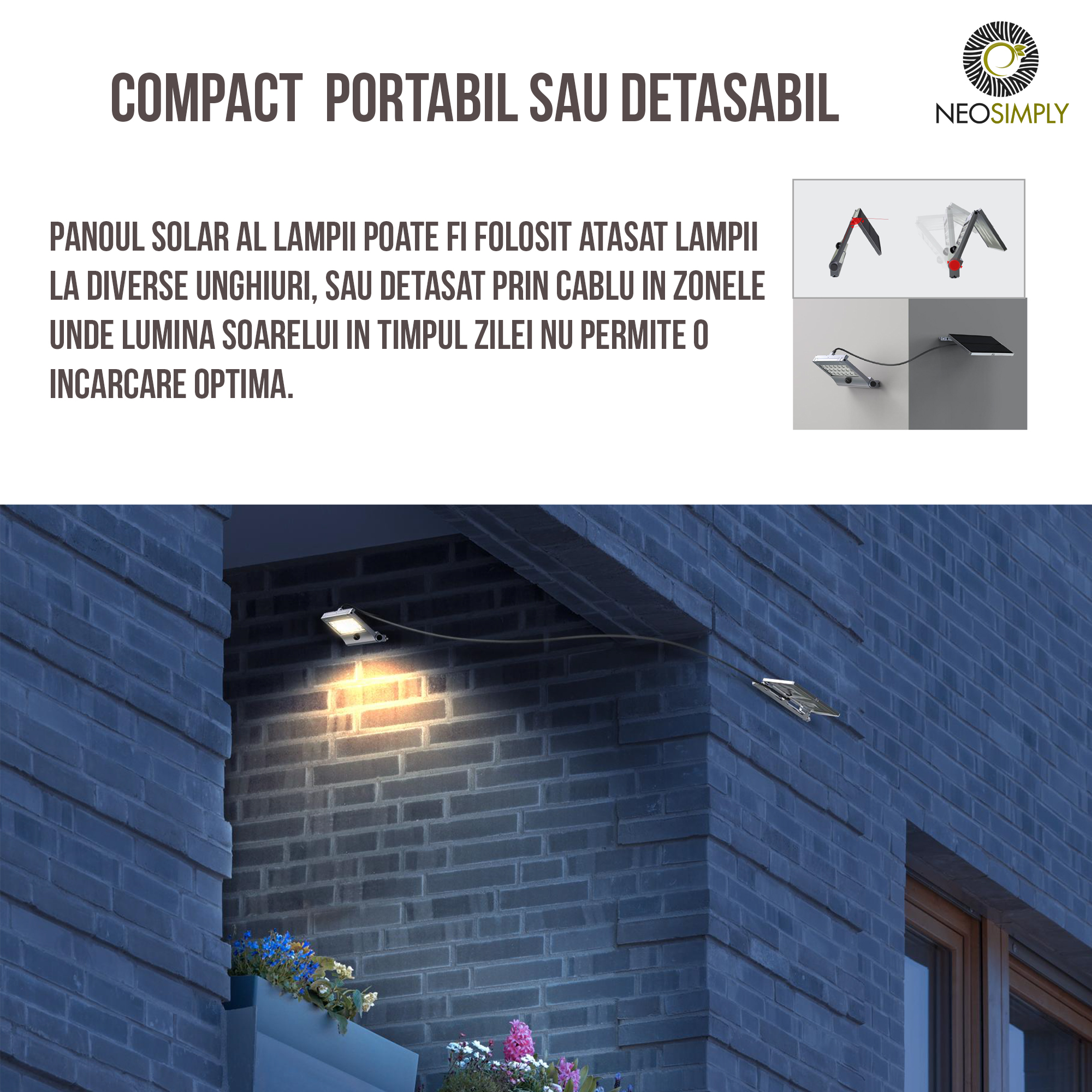 Lampa Solara LED Portabila de Exterior, Camping, 1000 lumeni, 21 OSRAM LEDs, 4 Moduri de utilizare, cu senzor de proximitate si panou solar detasabil prin cablu de 4 Metri – Gri Antracit - foto 7