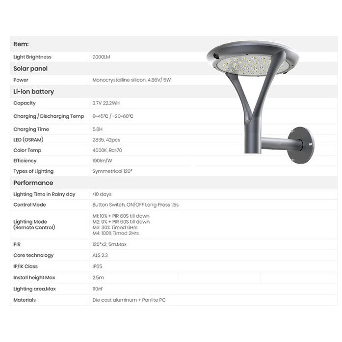 Lampa Solara LED Portabila de Exterior, Camping, 2000 lumeni, 3 Moduri de utilizare, cu senzori de luminozitate si miscare, Grey - foto 5