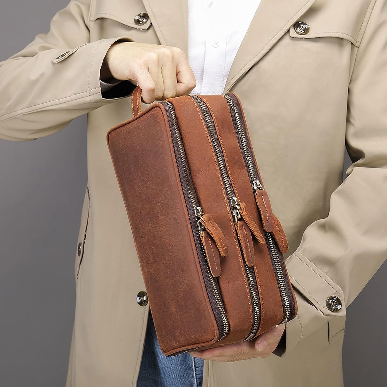 Organizator multifunctional din Piele Naturala 100%, Crazy Horse, pentru articole de toaleta, machiaj, cosmetice pentru femei si barbati, ideala pentru calatorii - foto 3