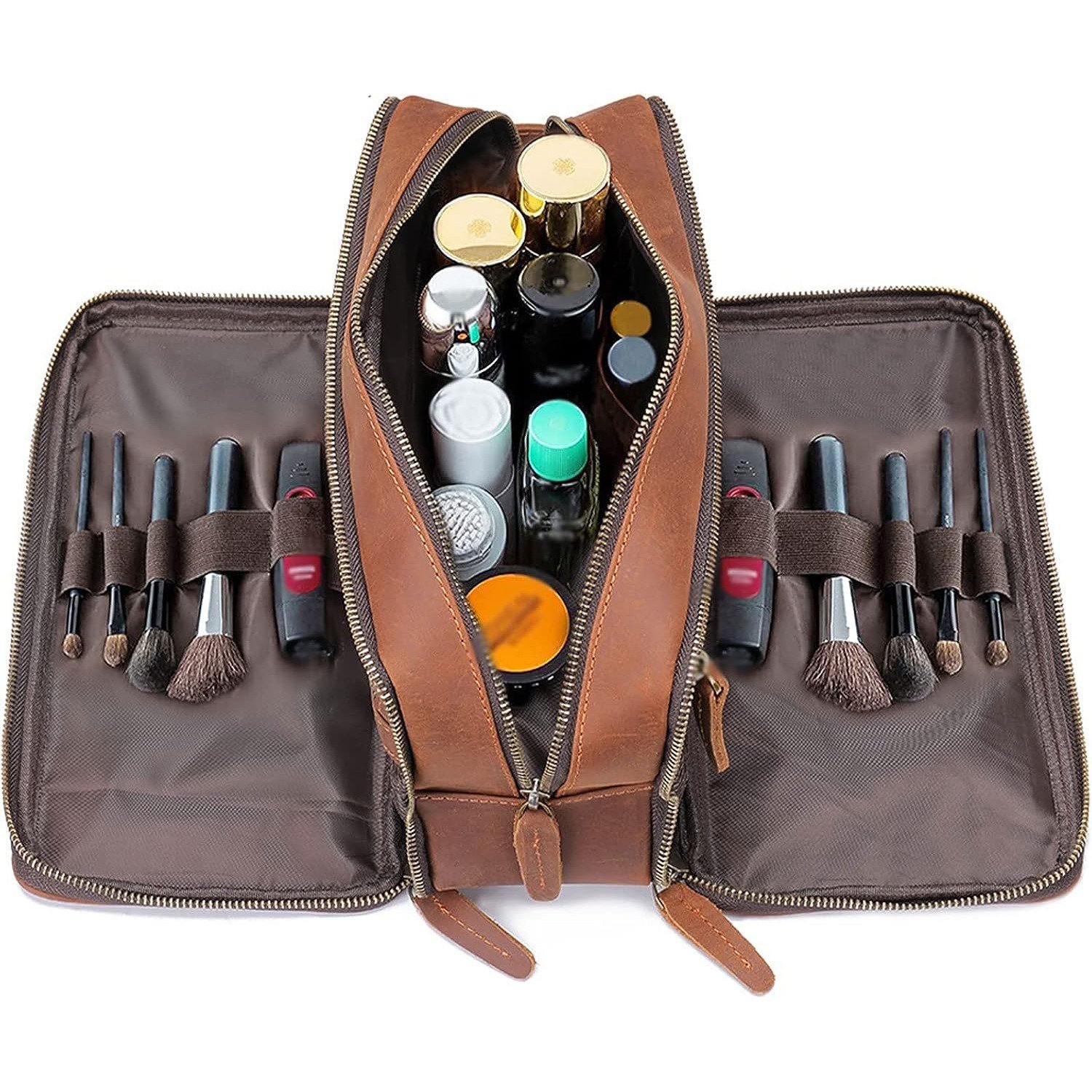 Organizator multifunctional din Piele Naturala 100%, Crazy Horse, pentru articole de toaleta, machiaj, cosmetice pentru femei si barbati, ideala pentru calatorii - foto 5