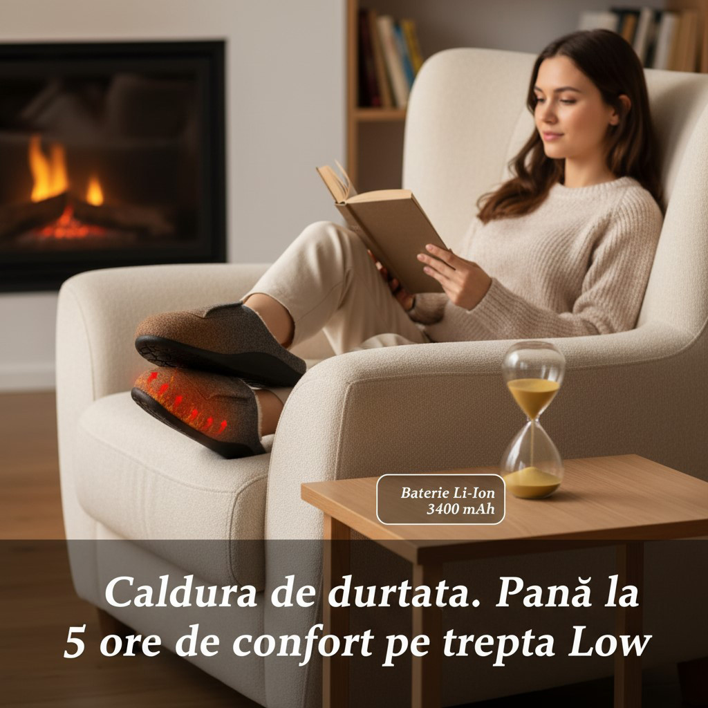 Papuci de Casa Incalziti Electric 3 Trepte de Incalzire, Baterie Reincarcabila 3400 mAh, Talpa Antiderapanta. Masura M - foto 6