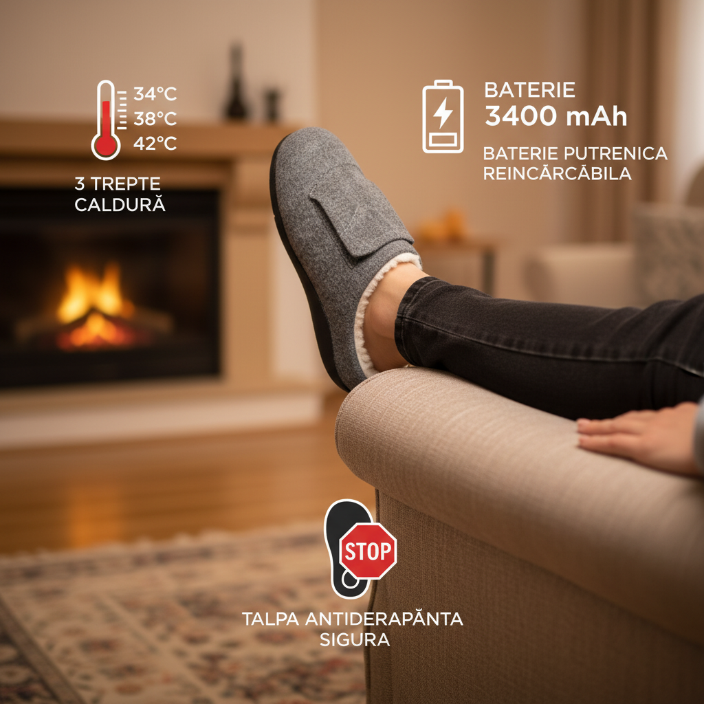 Papuci de Casa incalziti electric 3 trepte de incalzire, talpa antiderapanta, marimea L, set - foto 4