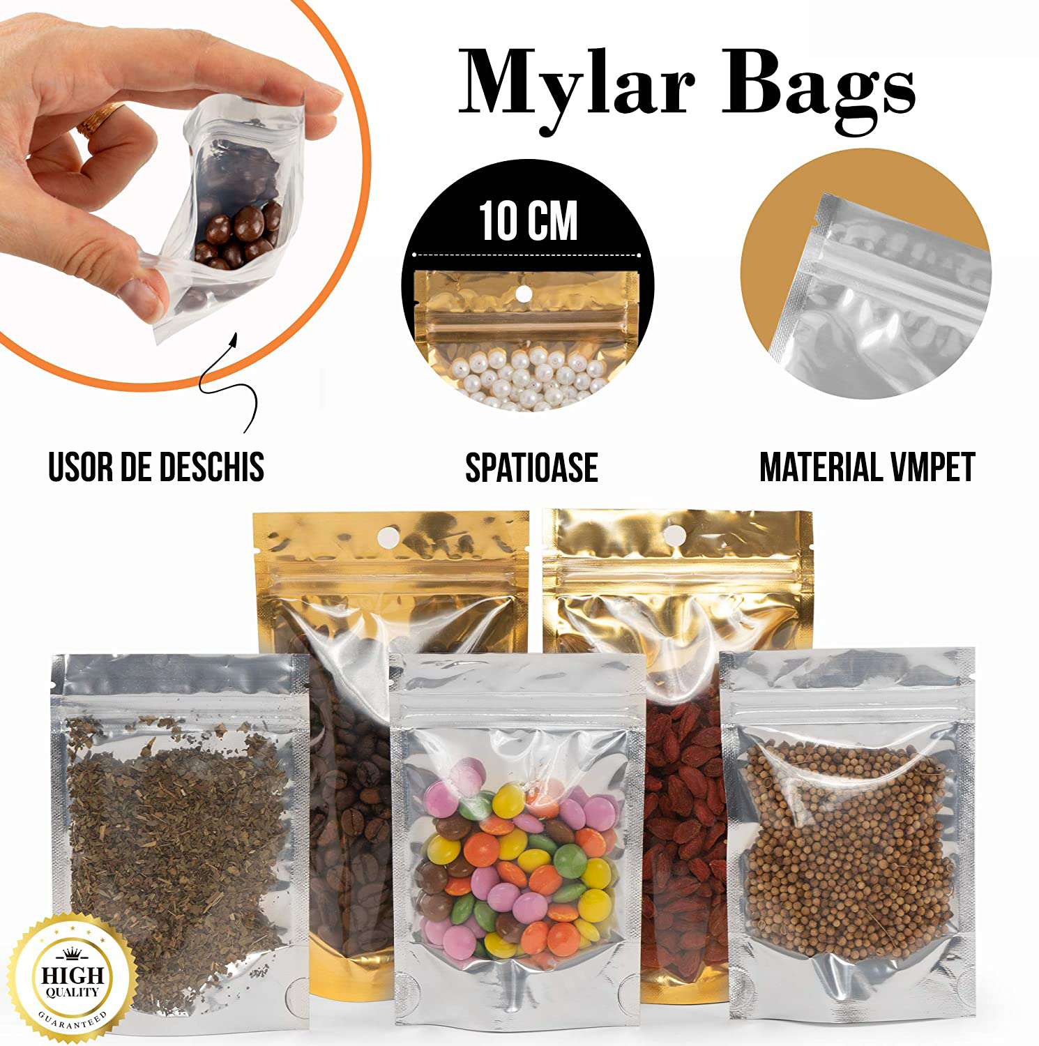 Set 100+10 Pungi bucatarie Mylar, stand-up, resigilabile cu fermoar ziplock si o parte transparenta, aluminiu, 13×9 cm + 10 Pungi 18×10 cm - foto 12