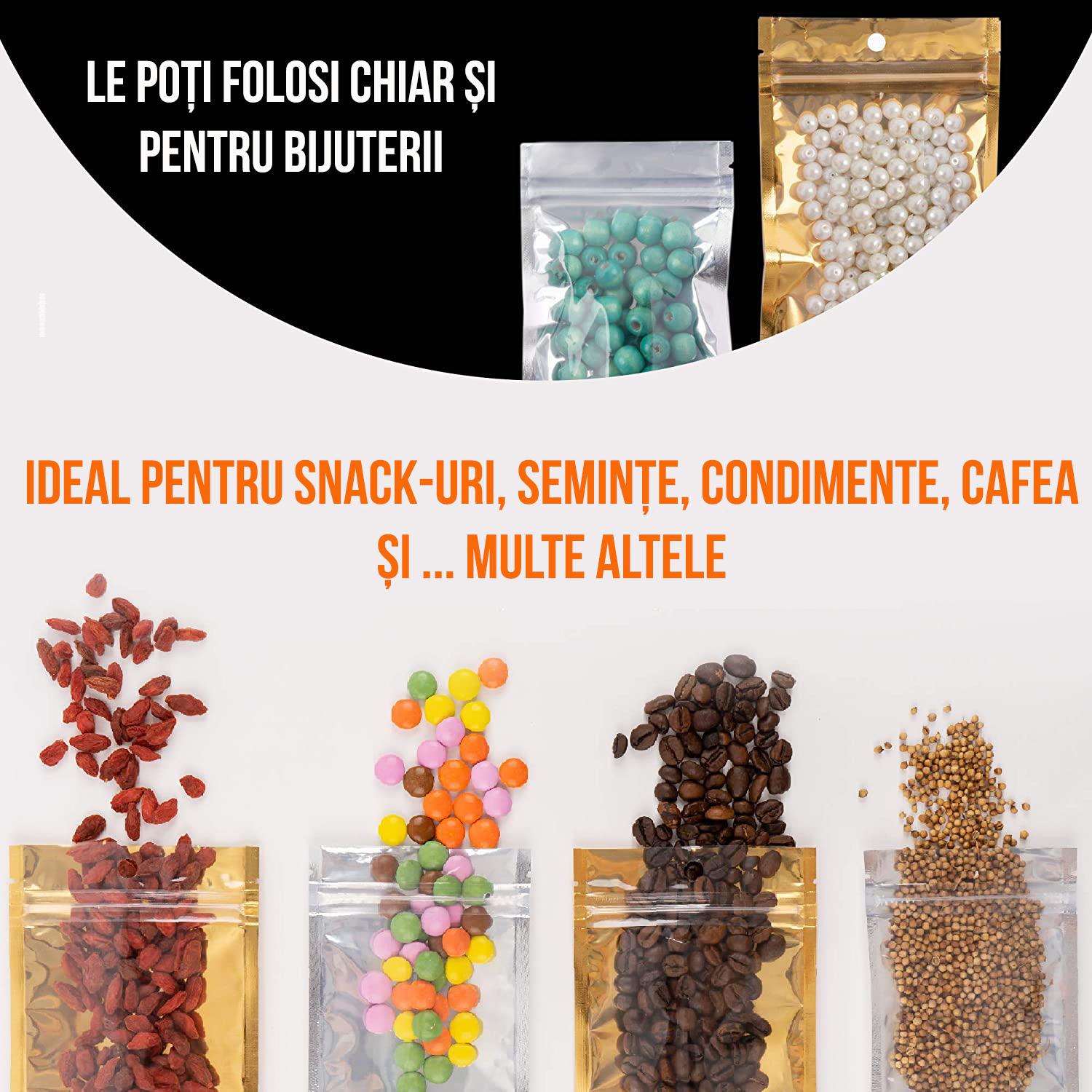 Set 100+10 Pungi bucatarie Mylar, stand-up, resigilabile cu fermoar ziplock si o parte transparenta, aluminiu, 13×9 cm + 10 Pungi 18×10 cm - foto 13