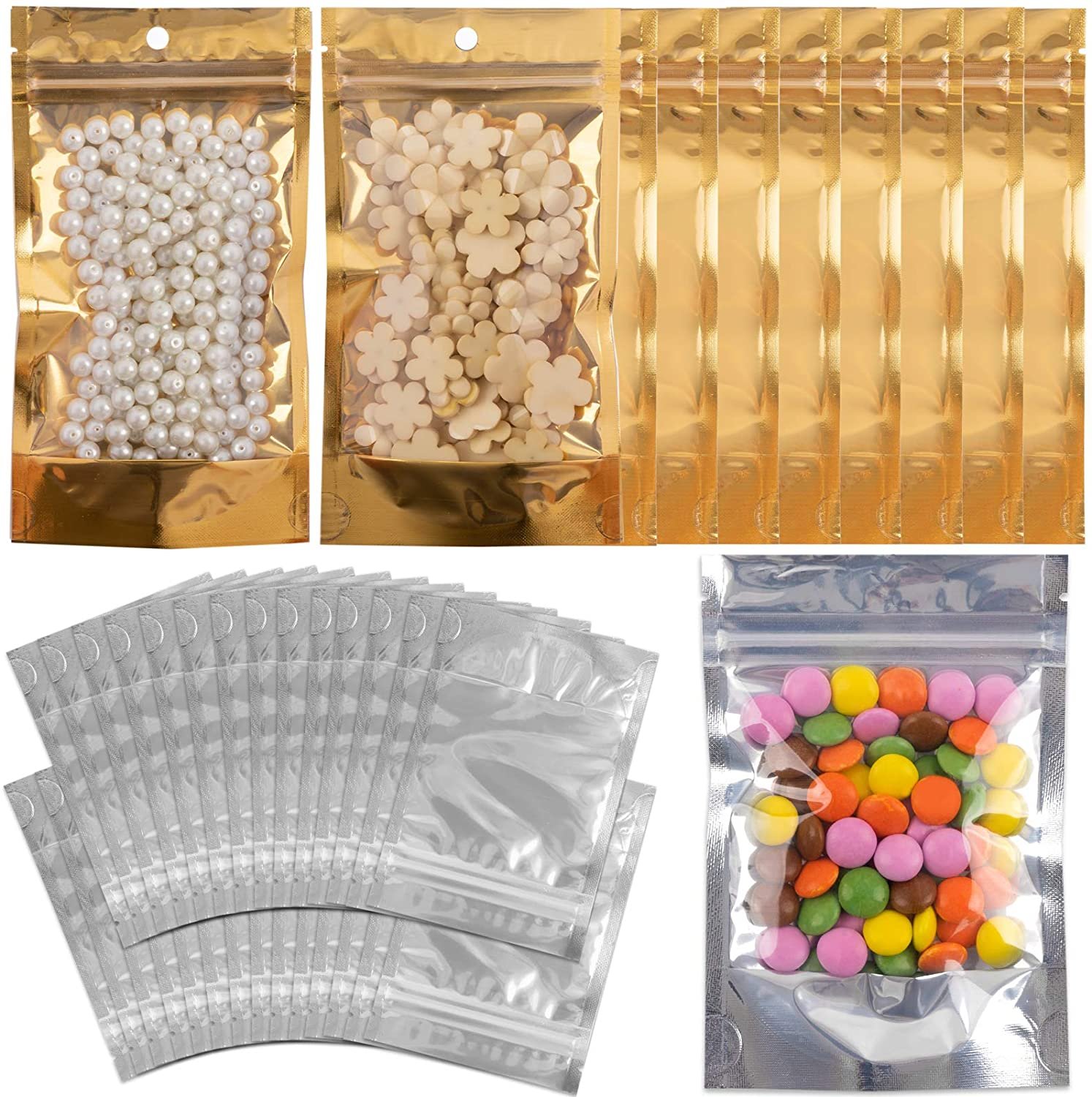 Set 100+10 Pungi bucatarie Mylar, stand-up, resigilabile cu fermoar ziplock si o parte transparenta, aluminiu, 13×9 cm + 10 Pungi 18×10 cm - foto 2