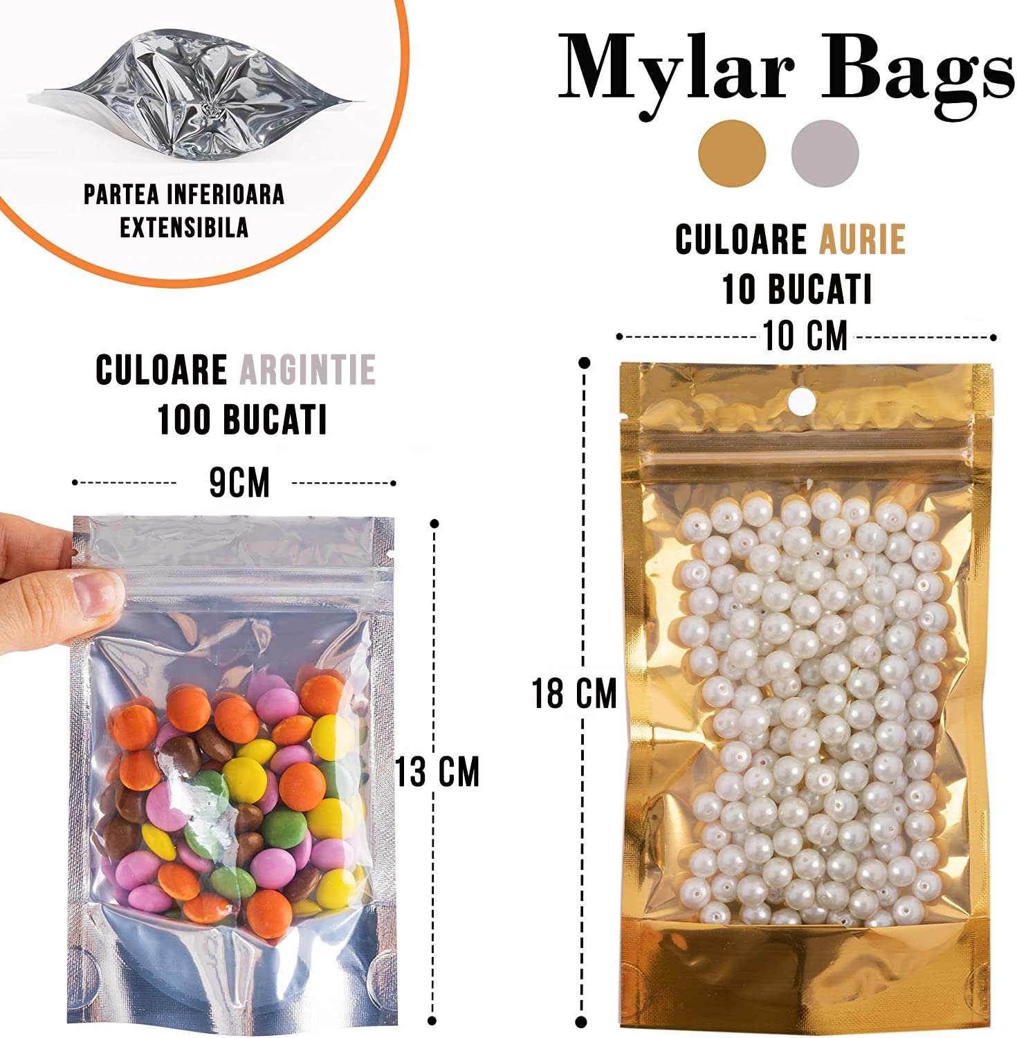 Set 100+10 Pungi bucatarie Mylar, stand-up, resigilabile cu fermoar ziplock si o parte transparenta, aluminiu, 13×9 cm + 10 Pungi 18×10 cm - foto 3