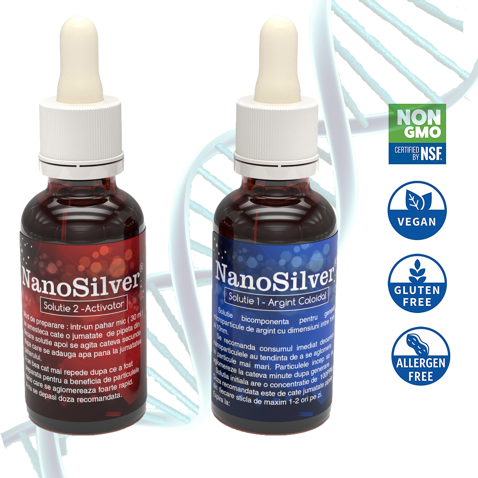 Set 2 Sticlute de Argint Coloidal Bicomponent pentru 60 de Portii, NanoSilver Imun 110 PPM cu particule nano, 2×50 ml - foto 4