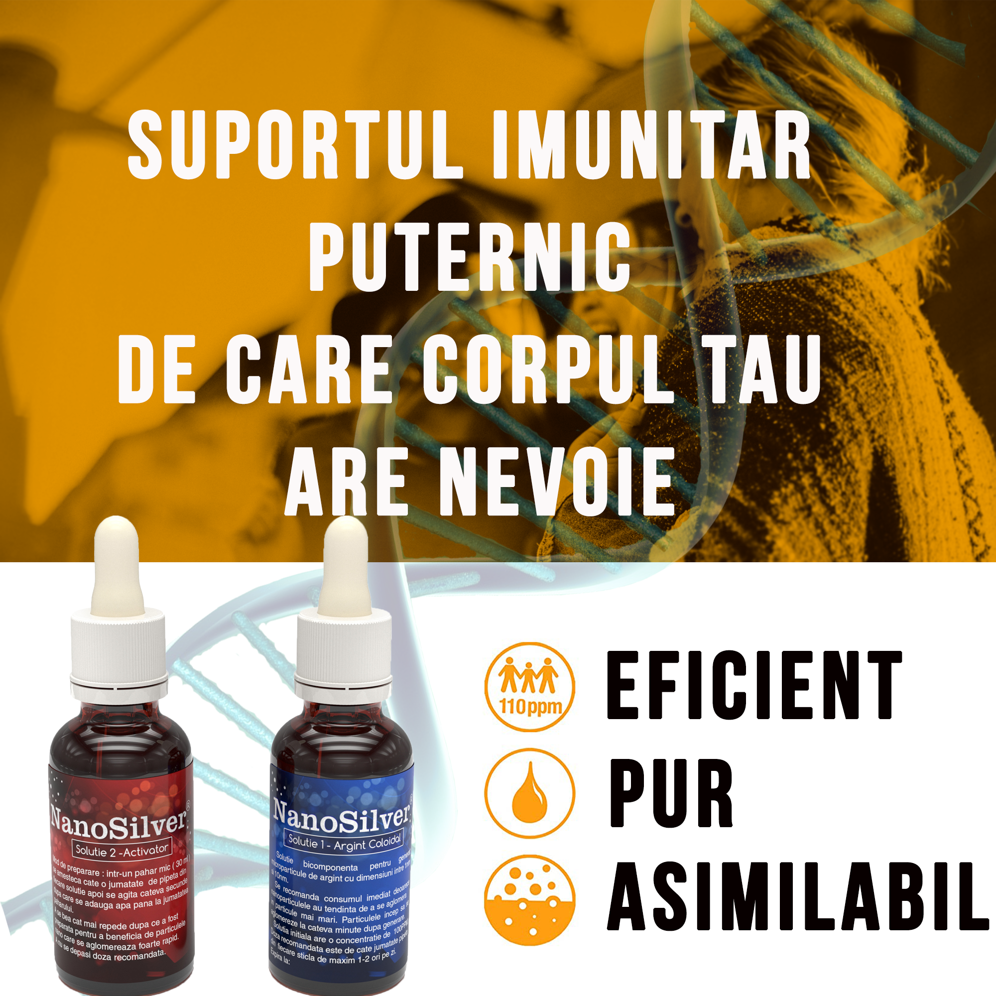 Set 2 Sticlute de Argint Coloidal Bicomponent pentru 60 de Portii, NanoSilver Imun 110 PPM cu particule nano, 2×50 ml - foto 6