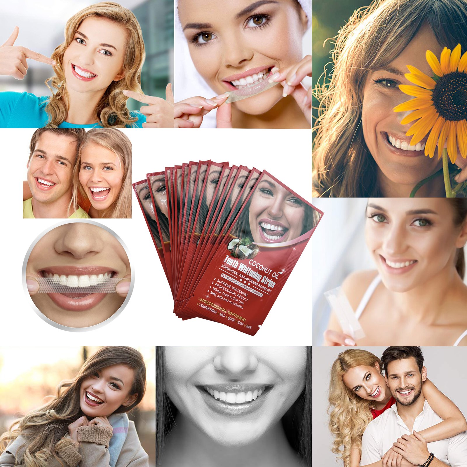 Set Benzi pentru albirea dintilor, fara peroxid cu ulei de cocos, 14 plicuri, 65 g - foto 2