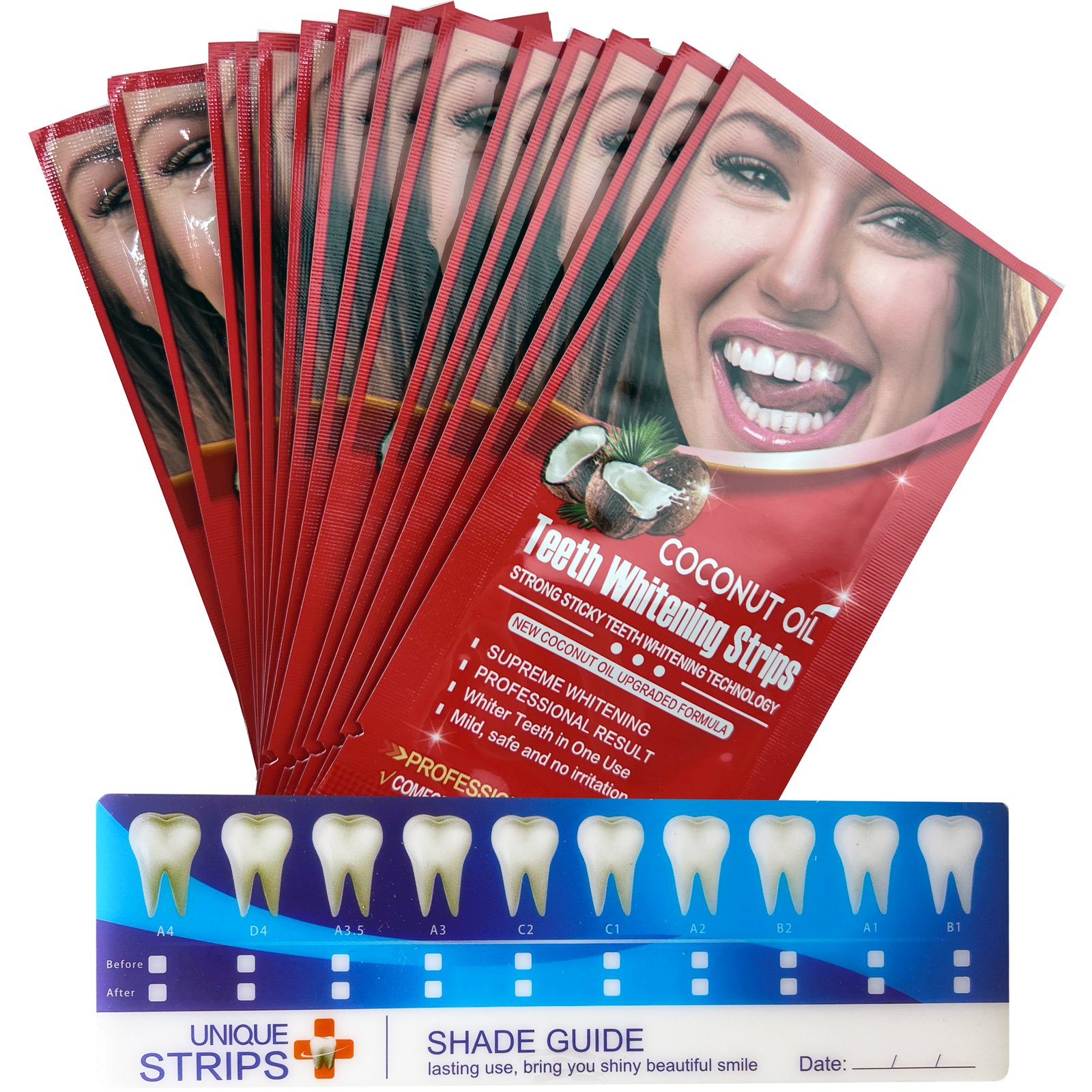 Set Benzi pentru albirea dintilor, fara peroxid cu ulei de cocos, 14 plicuri, 65 g - foto 3