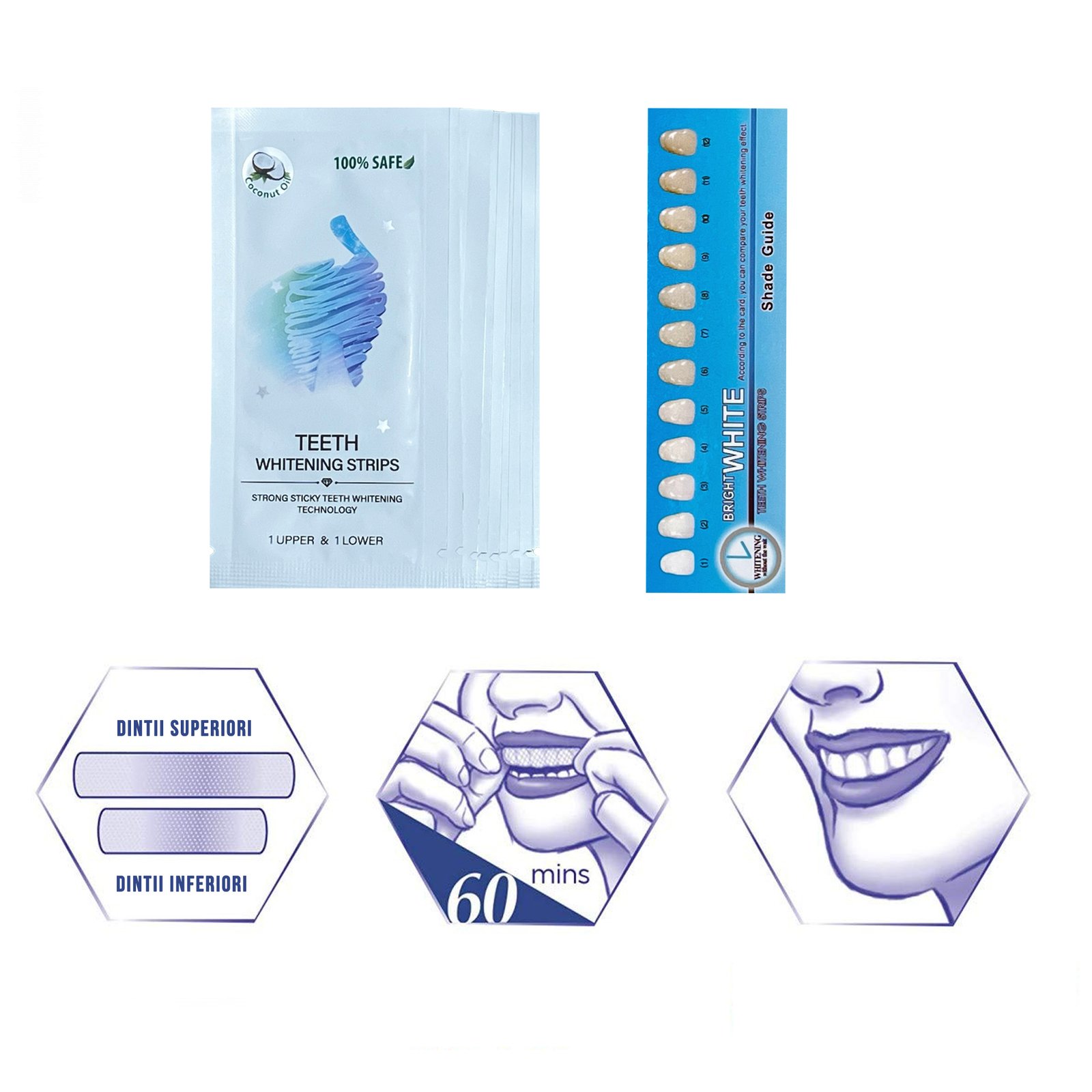 Set Benzi pentru albirea dintilor, fara peroxid de hidrogen si ulei de cocos, 14 plicuri, 28 strips 65 g - foto 3