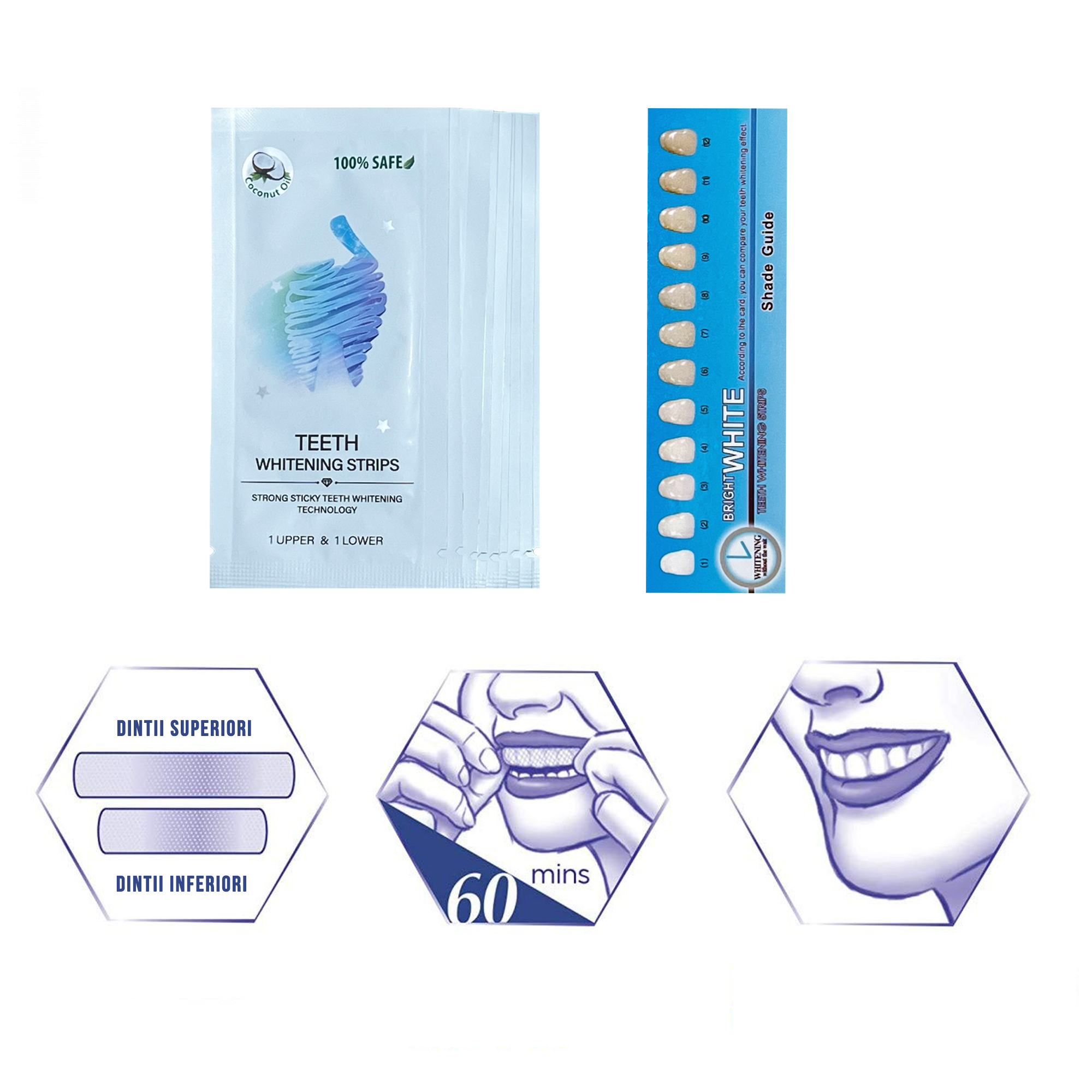 Set Benzi pentru albirea dintilor, fara peroxid de hidrogen si ulei de cocos, 14 plicuri, 28 strips 65 g - foto 7