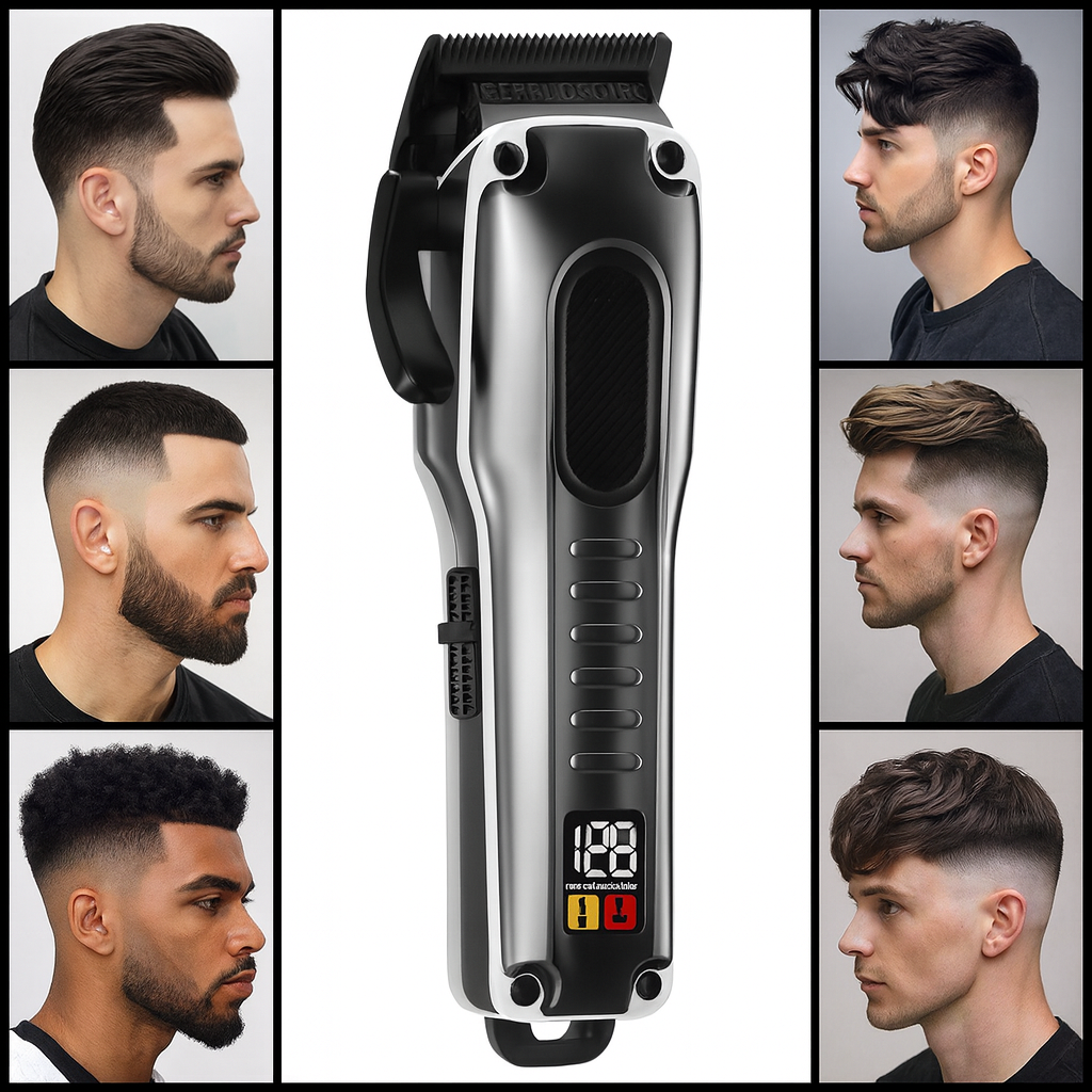 Set Masina de Tuns si ras parul si barba carcasa metalica profesionala, aparat gri silver - foto 5