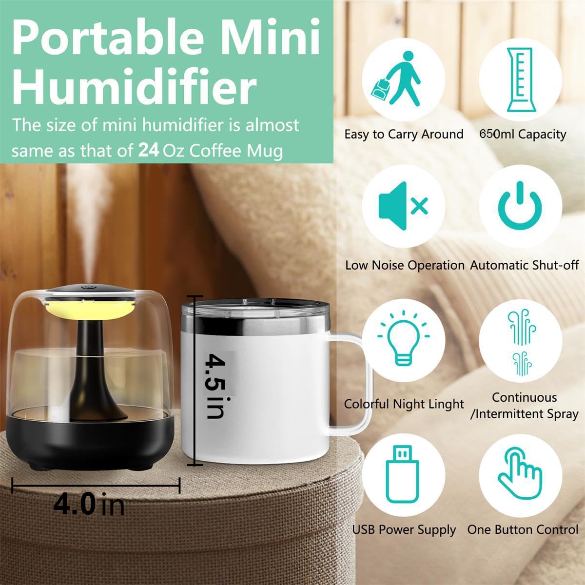 Umidificator de aer cu difuzor aromaterapie cu lumini LED, Portabil, USB, Rezervor 650ml, 2 moduri de functionare, Lumini de noapte, Umidificator camera si masina auto, black - foto 5