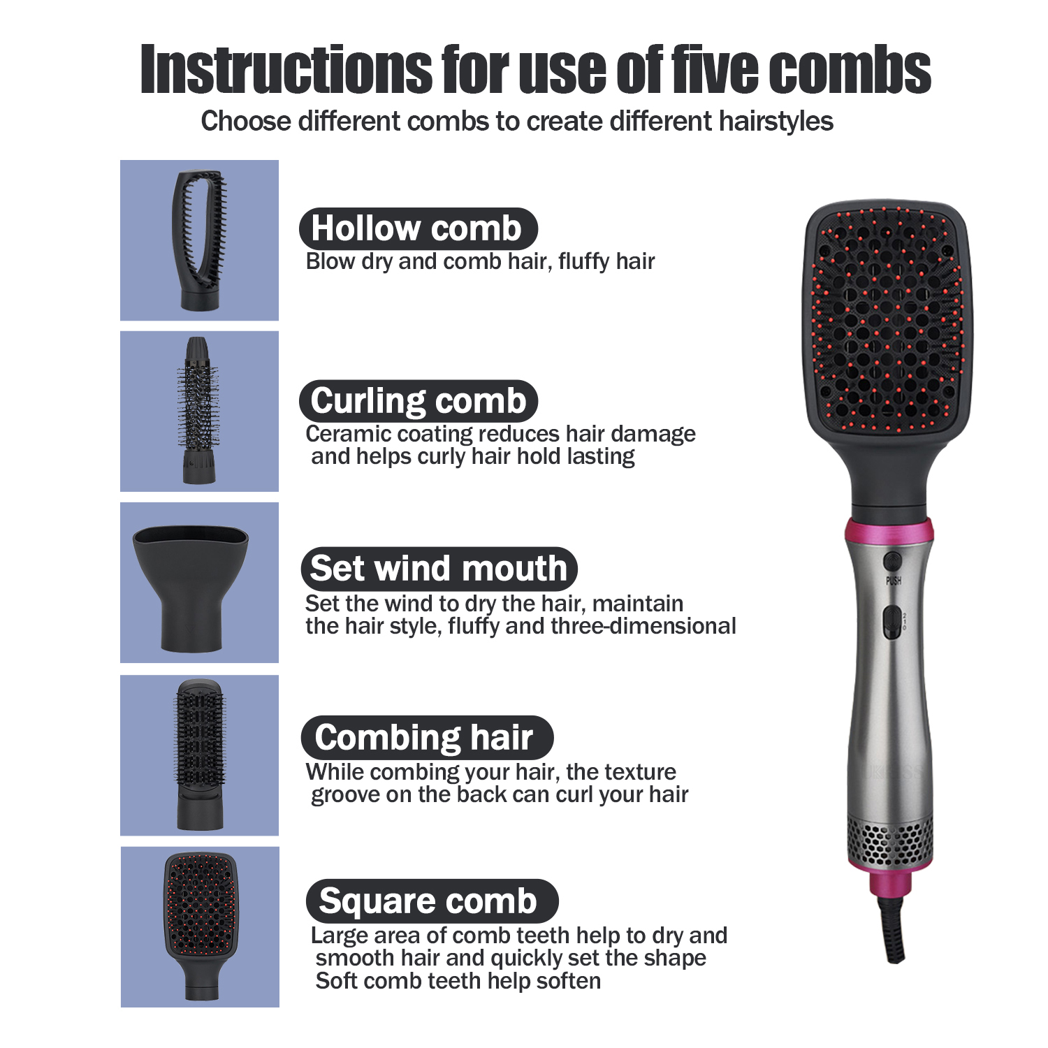 Uscator de par Feon multifunctional coafare, ondulare 5 in 1, ioni negativi electrici, mod de lucru multiplu, Gri Gama PRO - foto 10